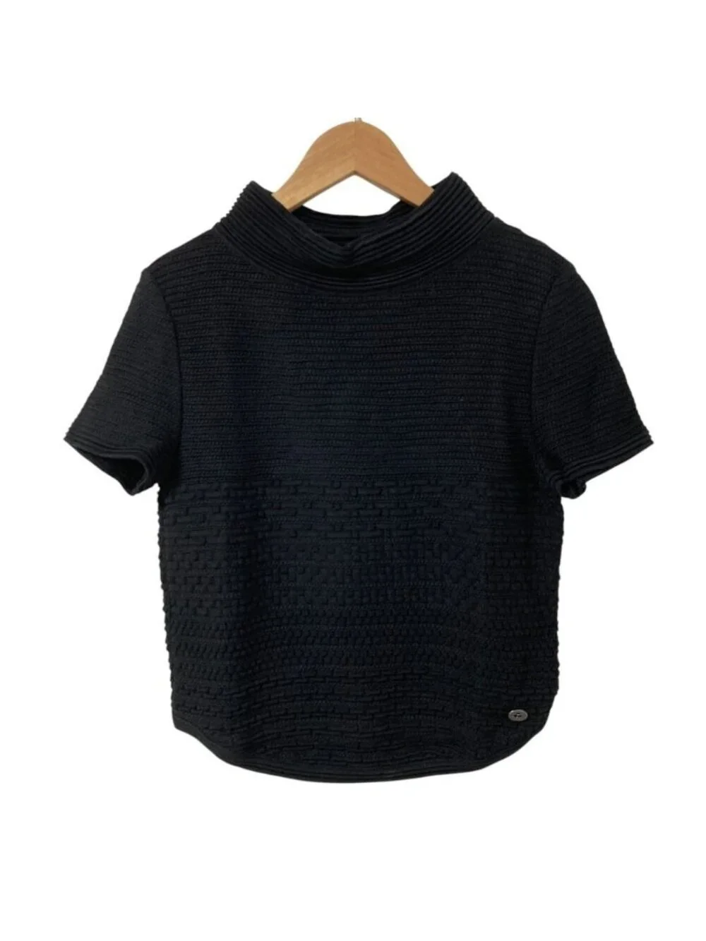 Chanel CC Logo Plate Bottleneck Short Sleeve Knit Top 36 Black Sweater